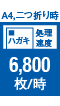 A4、二つ折り時 ハガキ 処理速度 6,800枚/時