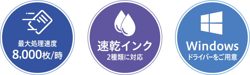 最大処理速度8,000枚/時 | 速乾インク2種類に対応 | Windowsドライバーをご用意