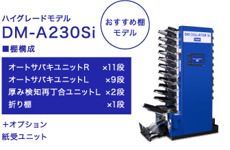 DM-230Si ベーシックモデル おすすめ棚モデル　ダブル検知ユニットR ×11段　厚み検知再丁合ユニットL ×2段　ダブル検知ユニットL ×9段　折り棚×1段　※棚ユニットの変更可能。＋オプション　折り棚バーコードキット/紙受ユニット